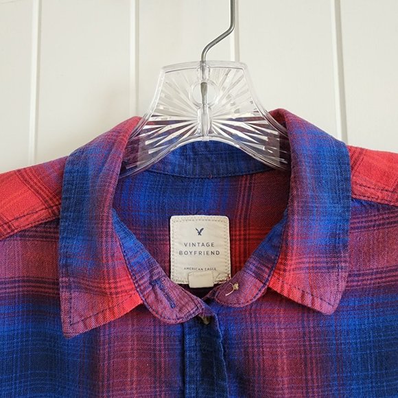 American Eagle Vintage Boyfriend Plaid Top PS Button Shirt Blue Red Flannel - Picture 7 of 16